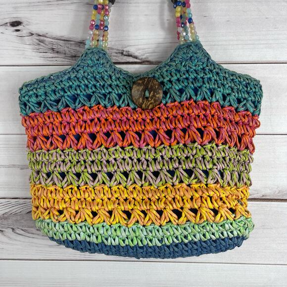 Cappelli Straworld Women's Handbag Tote Beaded Multicolored Wooden Button - Picture 2 of 11